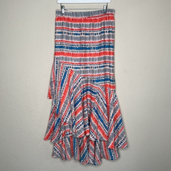 Tolani Boho Ruffle Tiered Asymmetrical Maxi Skirt Gray Orange Blue Size Large - Picture 8 of 16